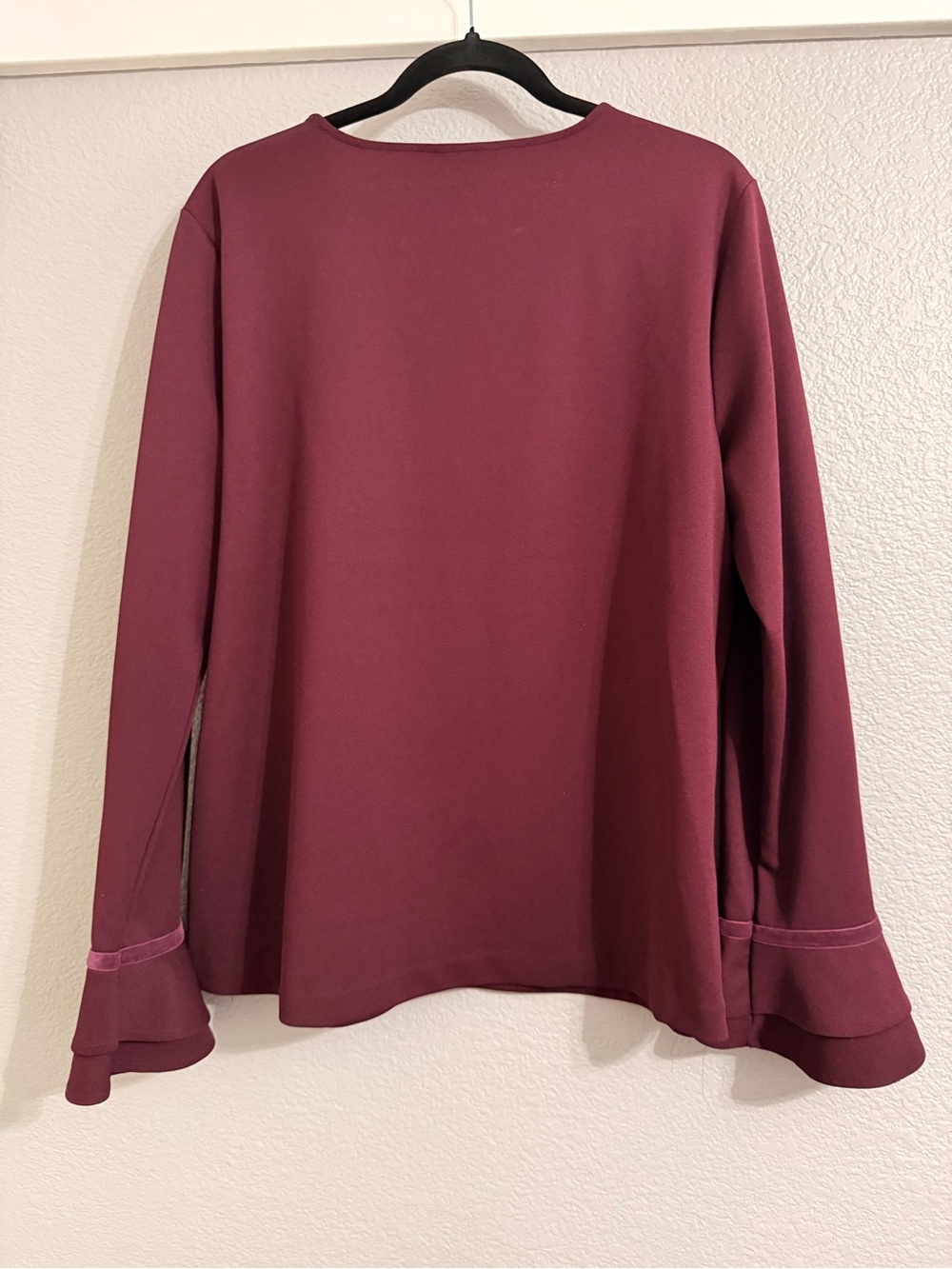 Ann Taylor Burgundy V-Neck Long Sleeve Blouse with Ruffle Cuffs - Picture 2 of 6